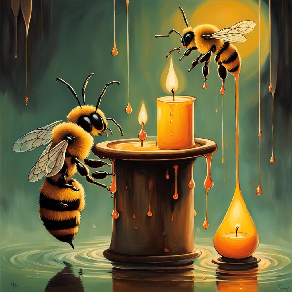 Candlelit Bees Share Honey Drop: Romantic Digital Art