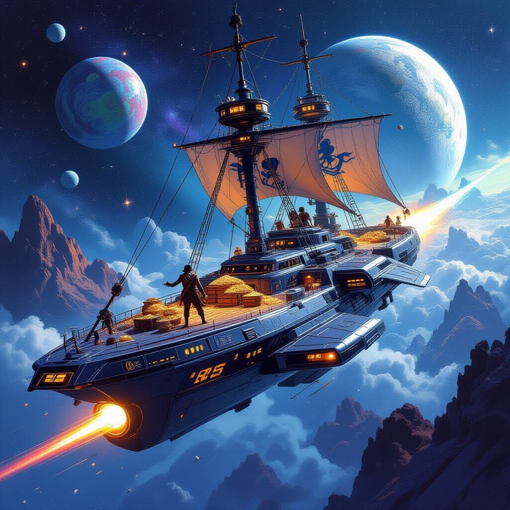 Space Pirate Ship Soaring Through Cosmos