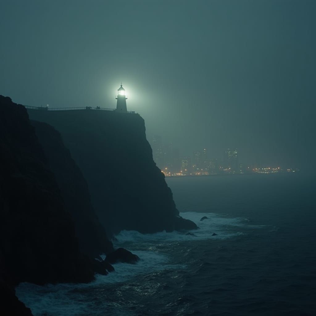 Solitary Lighthouse in Noir Fog