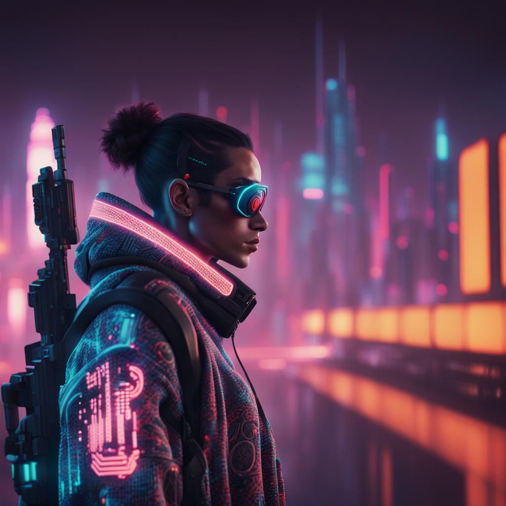 Cyberpunk Sniper in Burning Cityscape, Digital Art