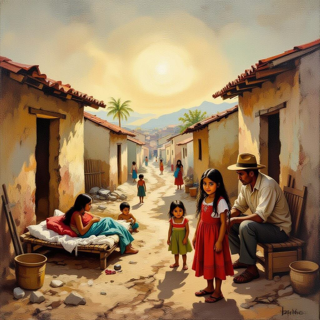 Poor Neighborhood Oil Painting with Hopeful Girl