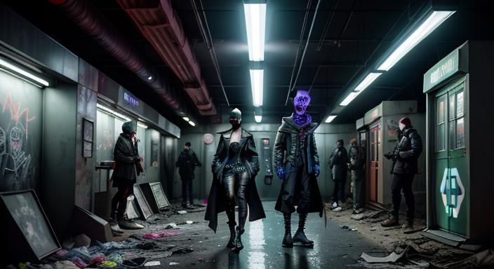 Cyberpunk Figure in Post-Apocalyptic Subway
