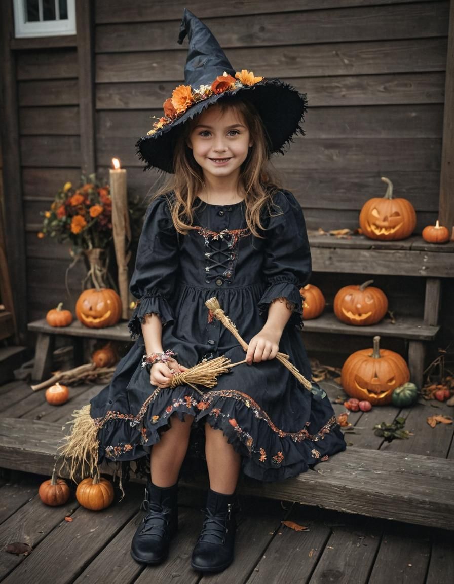 Adorable Little Witch with Jack-o-Lantern