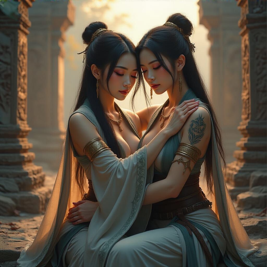 Two Asian Women Embrace in Ancient Temple Ruins