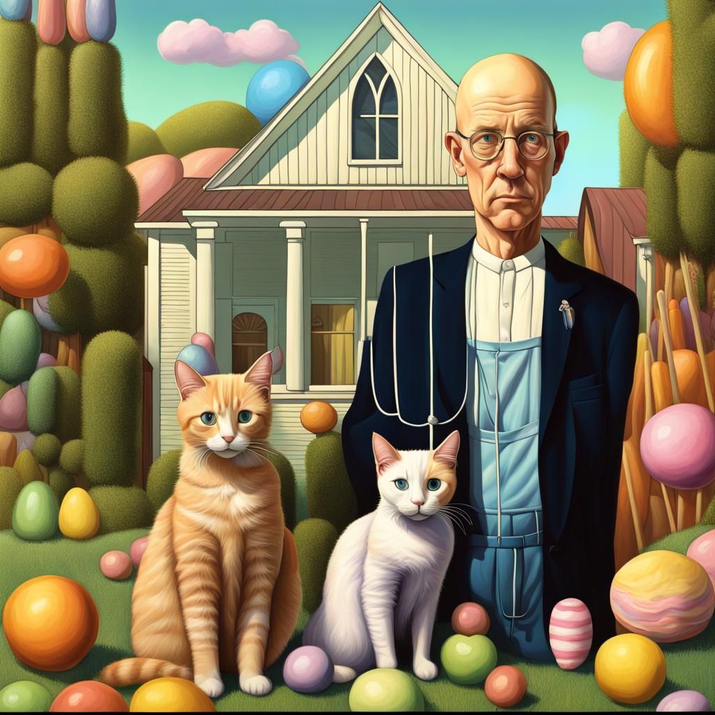 Cats Recreate American Gothic in Candy Art Style