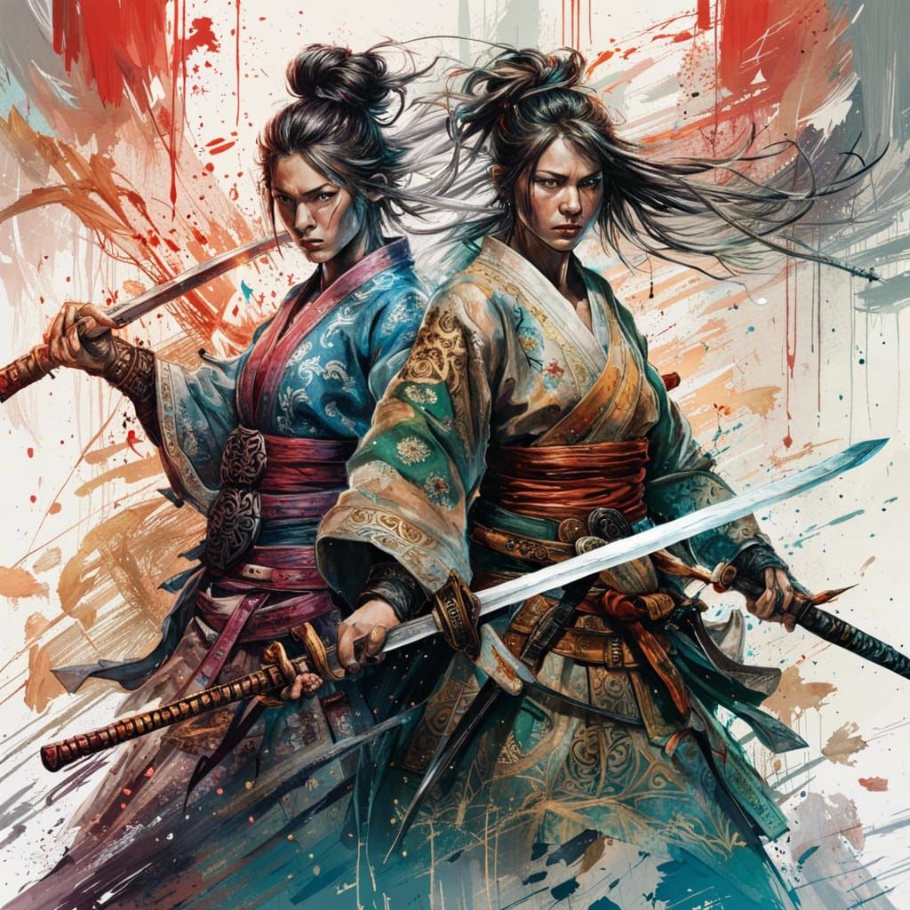 Female Samurai Warriors Clash in Digital Art