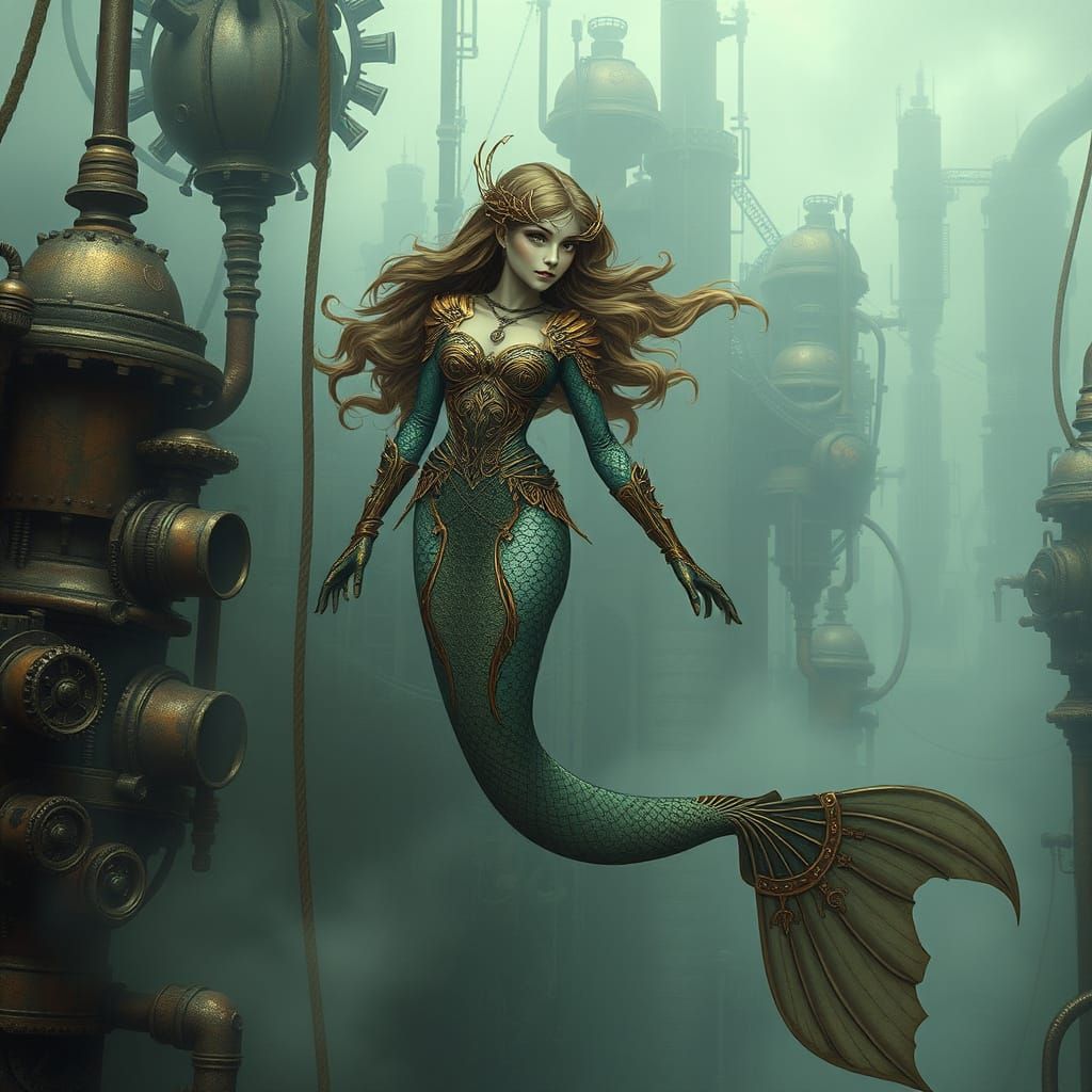 Steampunk Mermaid in Mystical Underwater Metropolis