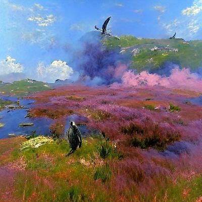 Wraiths Over Heather in Dystopian Surrealism Style