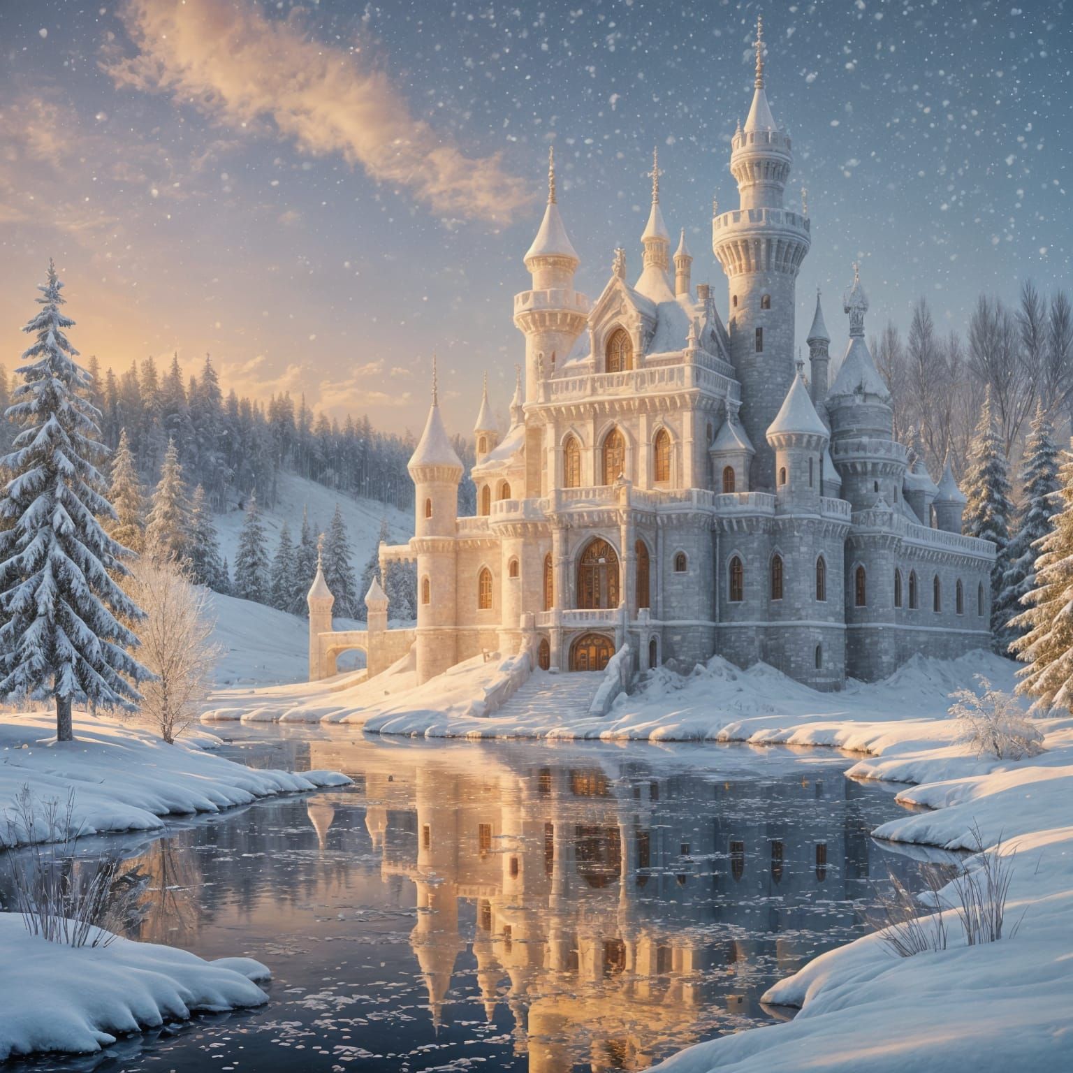 Majestic Winter Castle at Golden Hour Oil Painting