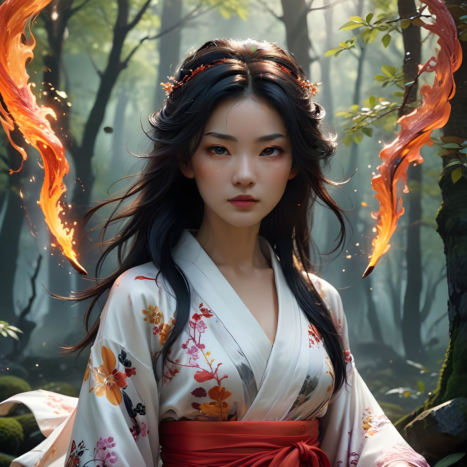 Majestic Kitsune Goddess in Vibrant Kimono amidst Sakura For...