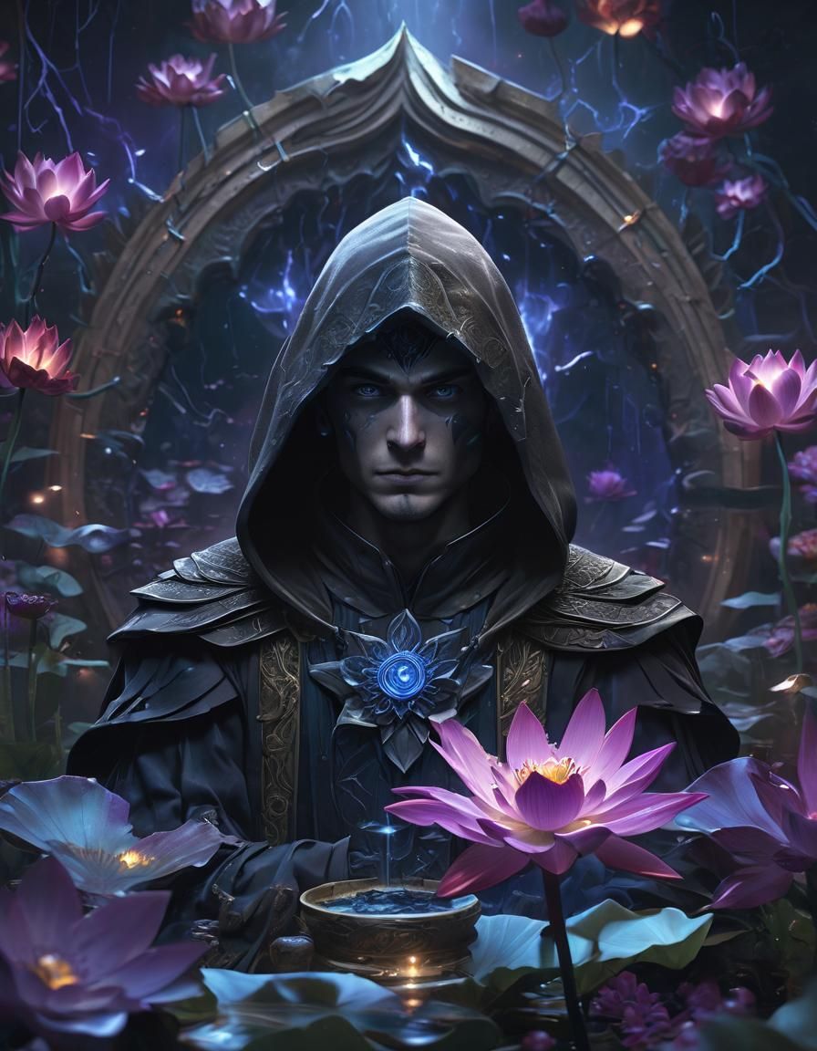 Mystical Black Lotus with Wizard in Dark Fantasy Art