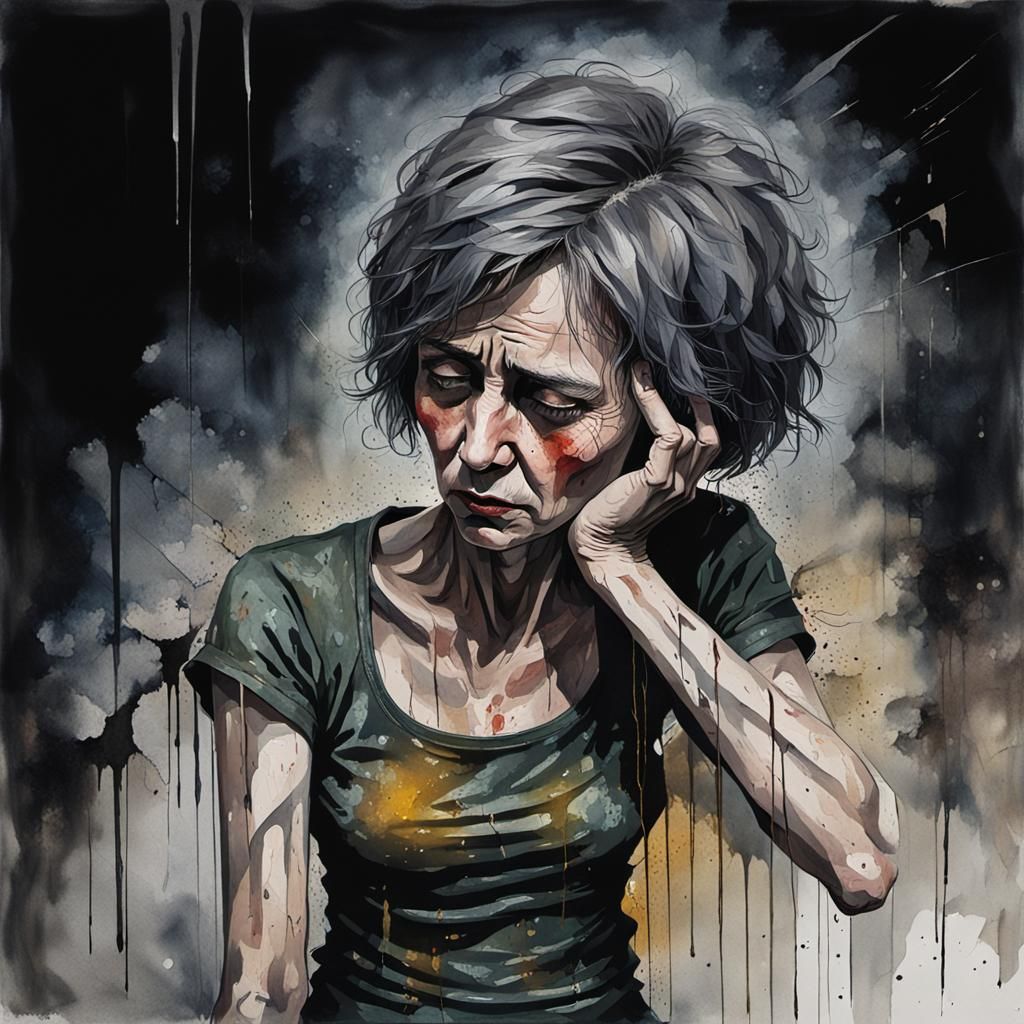 Weeping Woman Portrait in Moody Watercolor