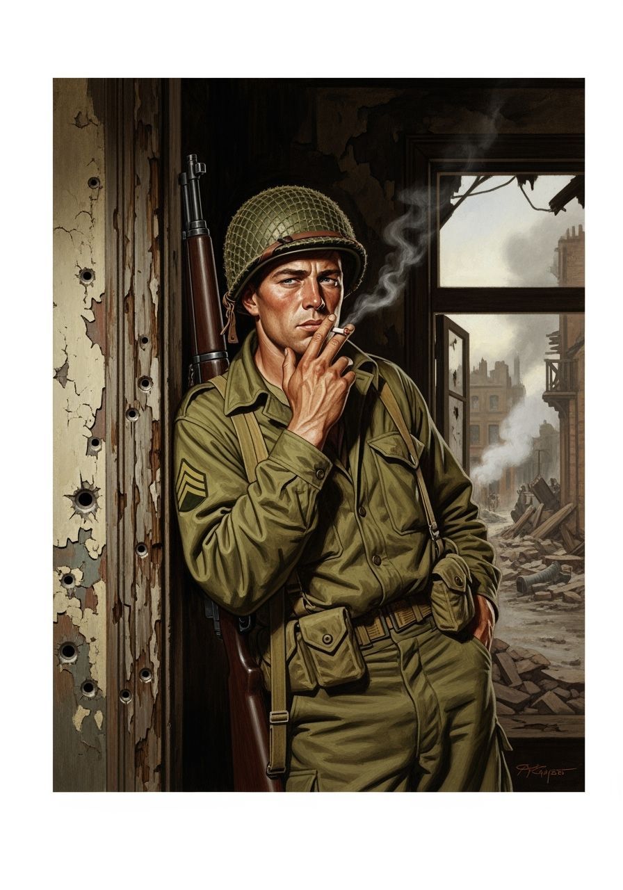 Vintage Illustration of Weary American GI in War Zone