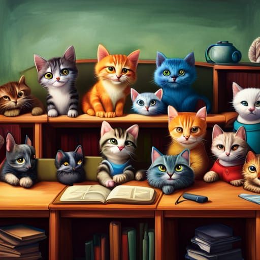 Cute Kittens in Formal School Photo, Pixar Style