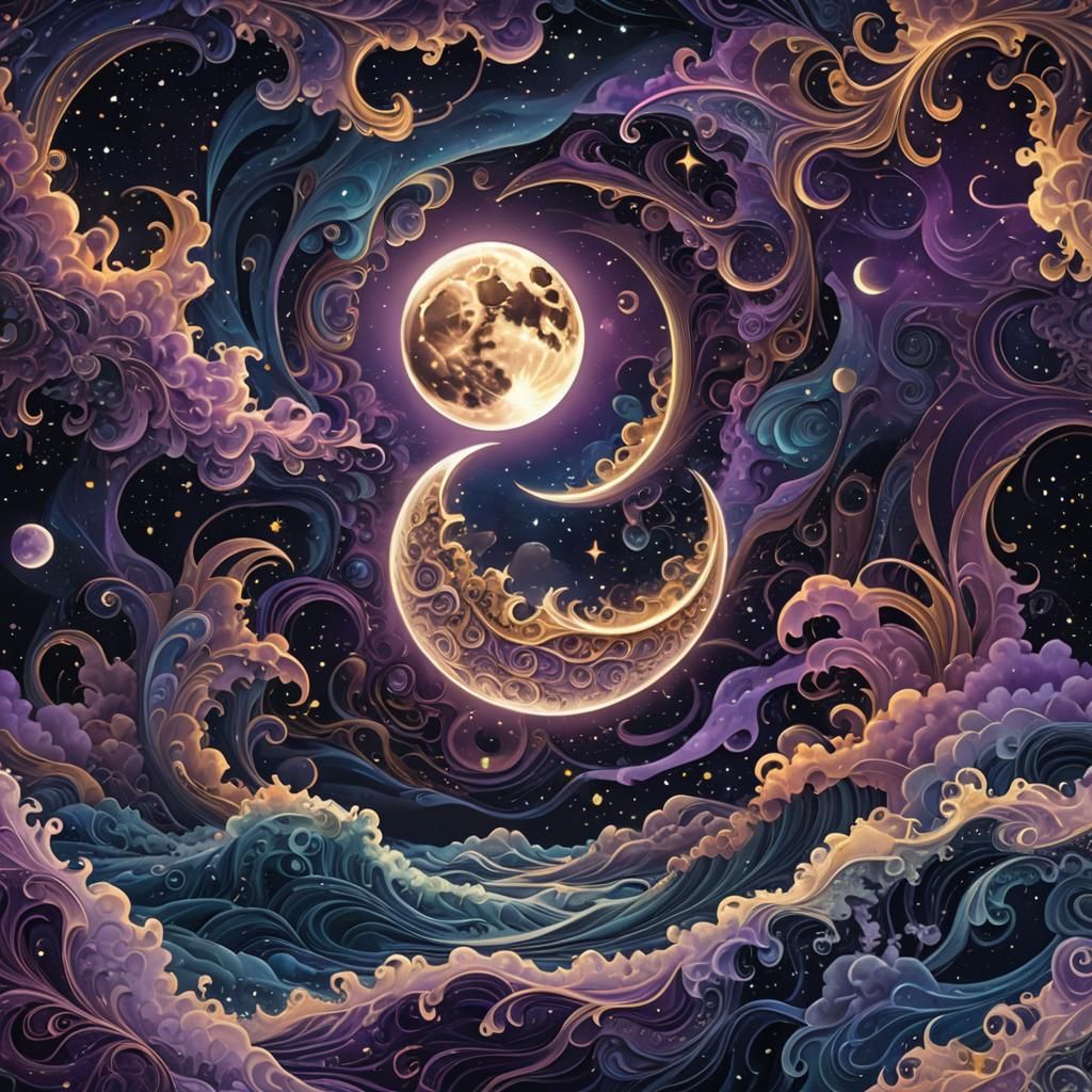 Full Moon with Astral Waves in Cosmic Illustration