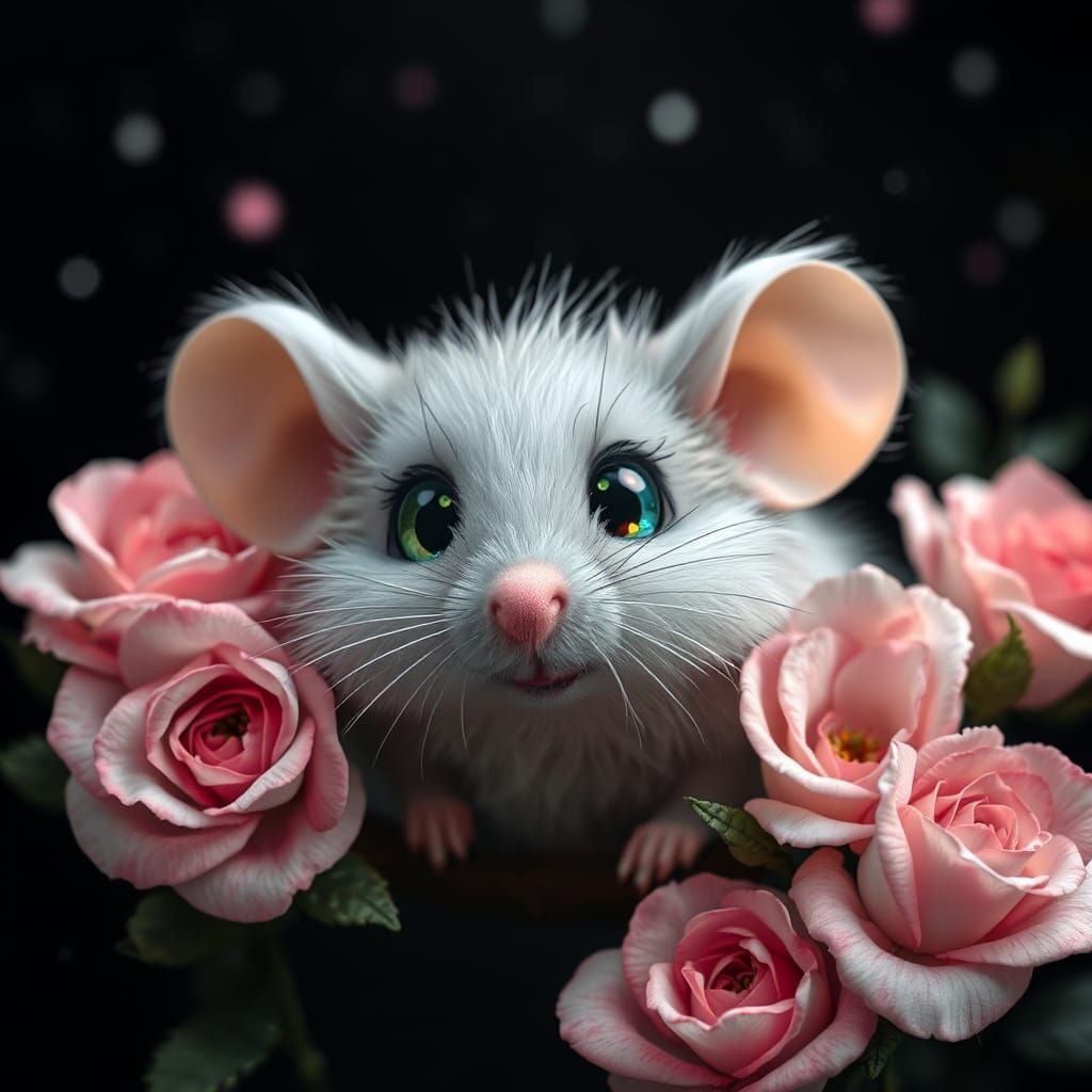 Fluffy Mouse with Green Eyes in Rose Garden