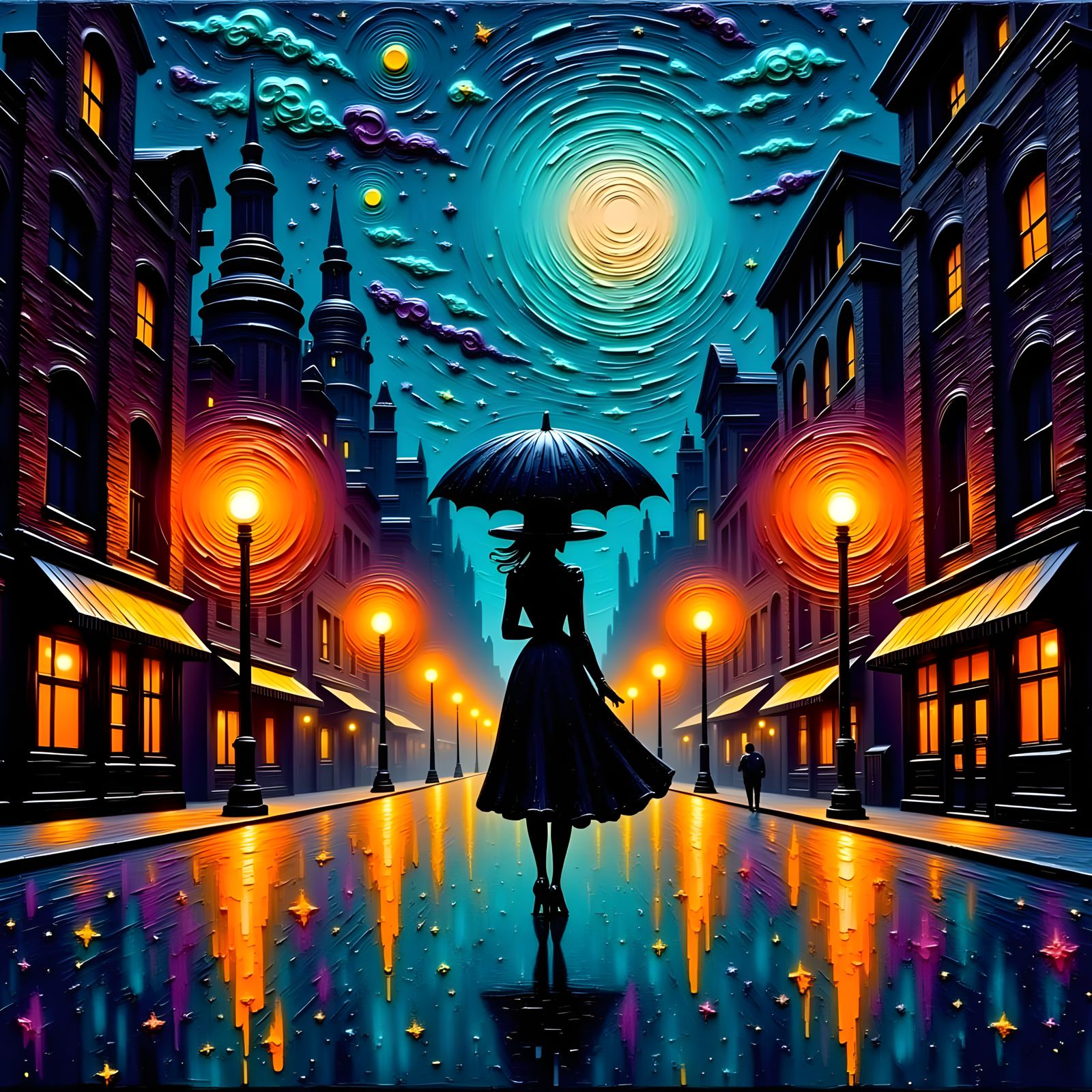 Woman in Rainy Night Street Scene with Impasto Artwork