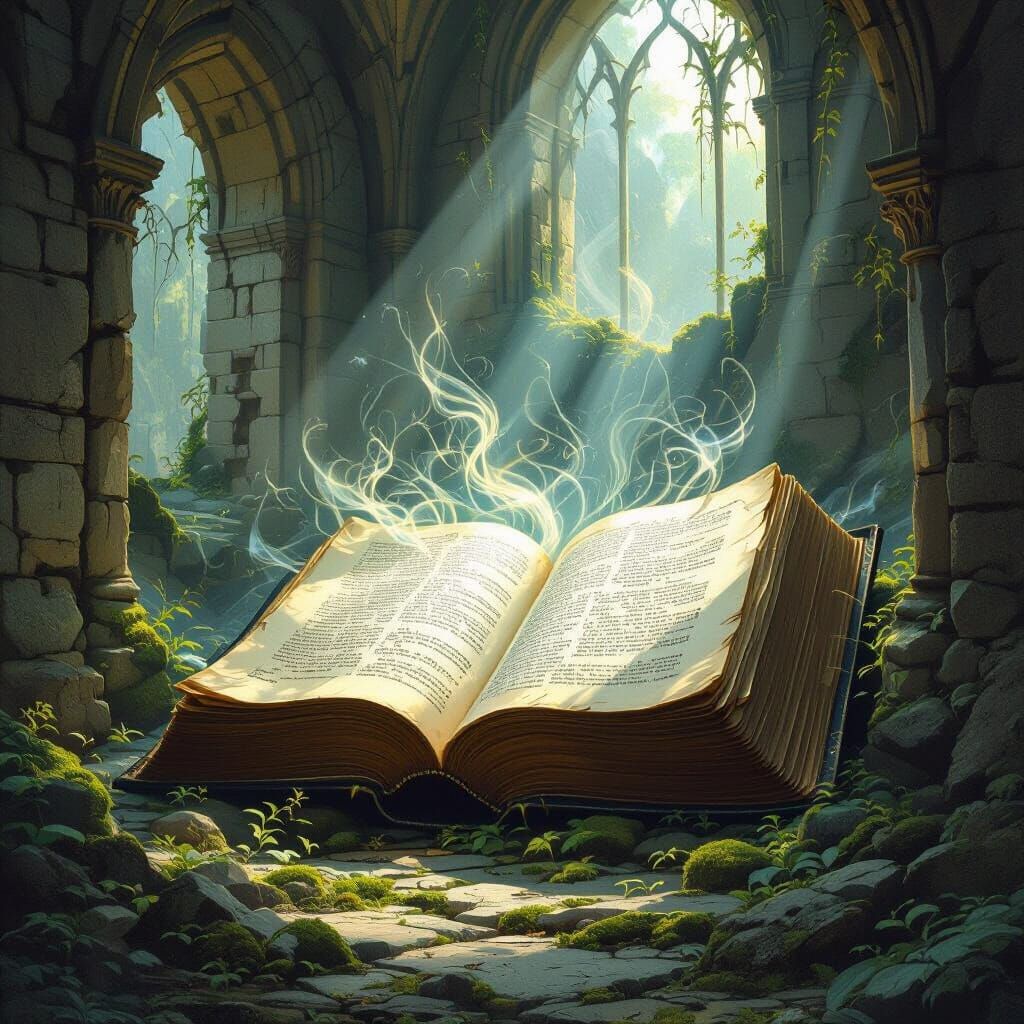 Ancient Tome in Mossy Ruins, Oil Painting Style