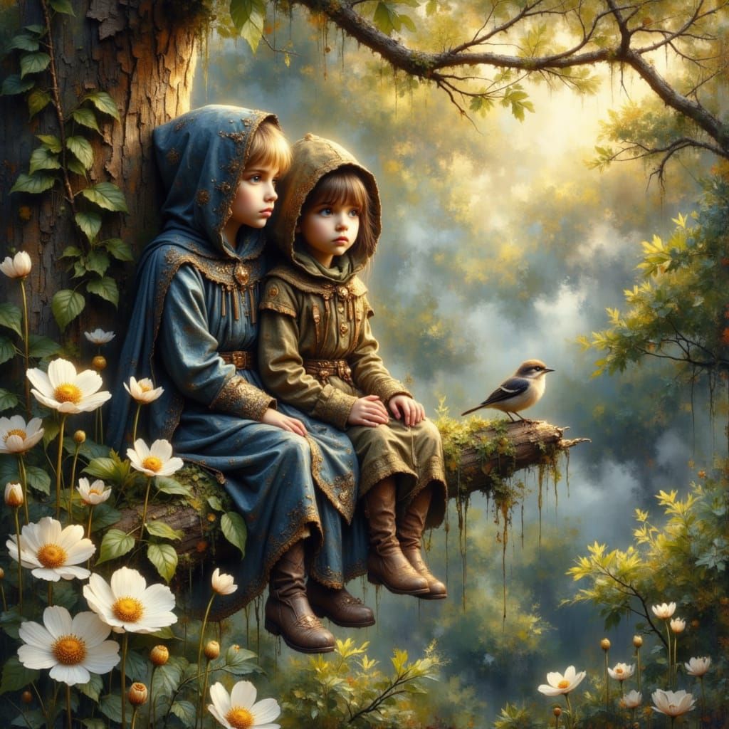 Kitten and Sisters in Sunlit Forest