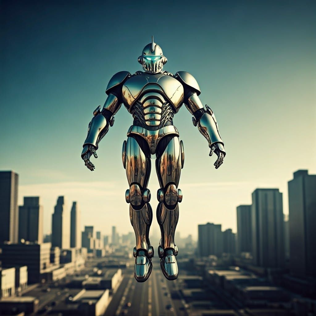 Chrome-Suited Mecha Droid in Morning Cityscape