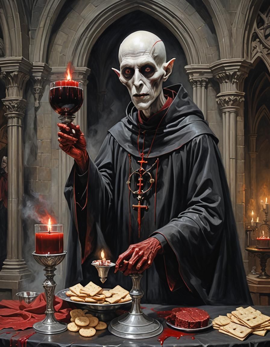 Gothic Vampire at Altar with Blood Wine