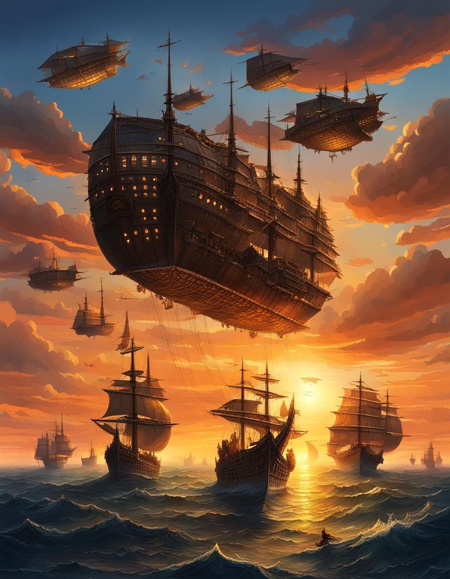 Fantasy Flying Ships at Sunset Over the Sea