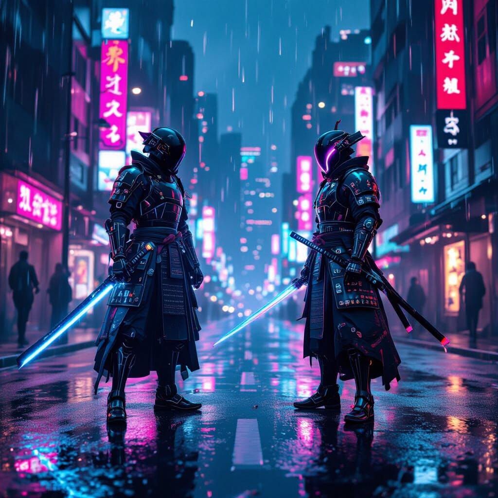 Futuristic Samurai Duel in Neon Rain