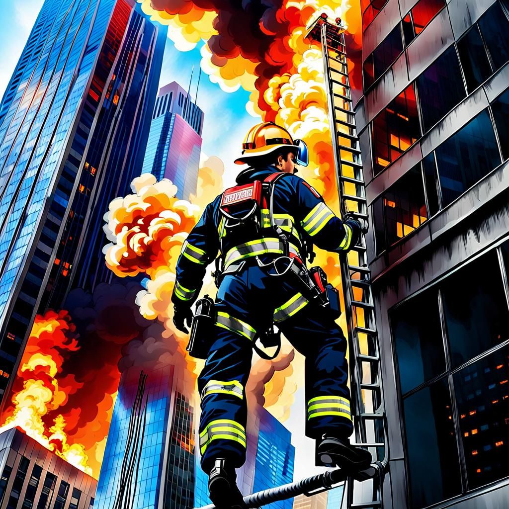 Fire rescue worker on fire call skyscraper window reflection of fire