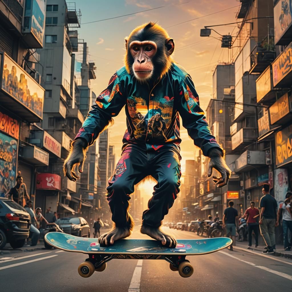 Monkey on Skateboard Double Exposure at Sunset