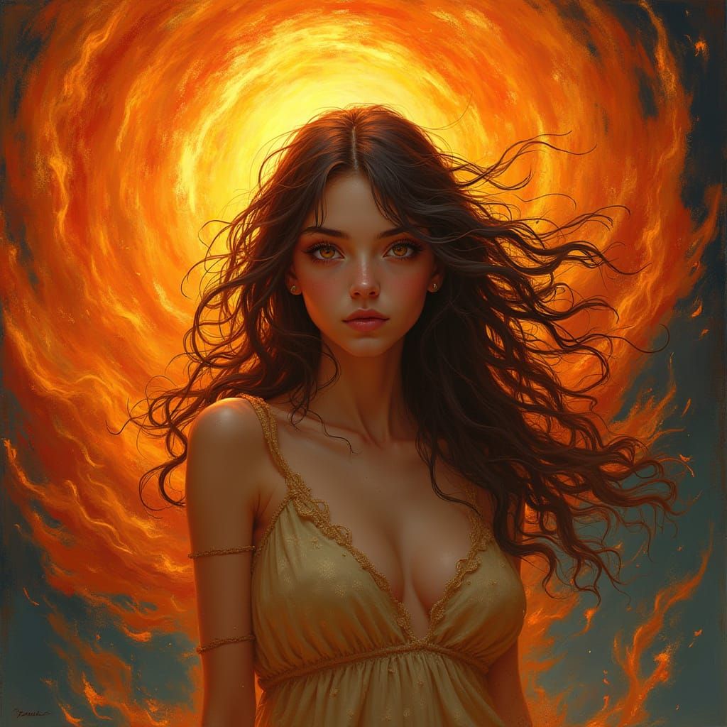 Young Woman Enveloped by Fiery Vortex in Emotional Realism
