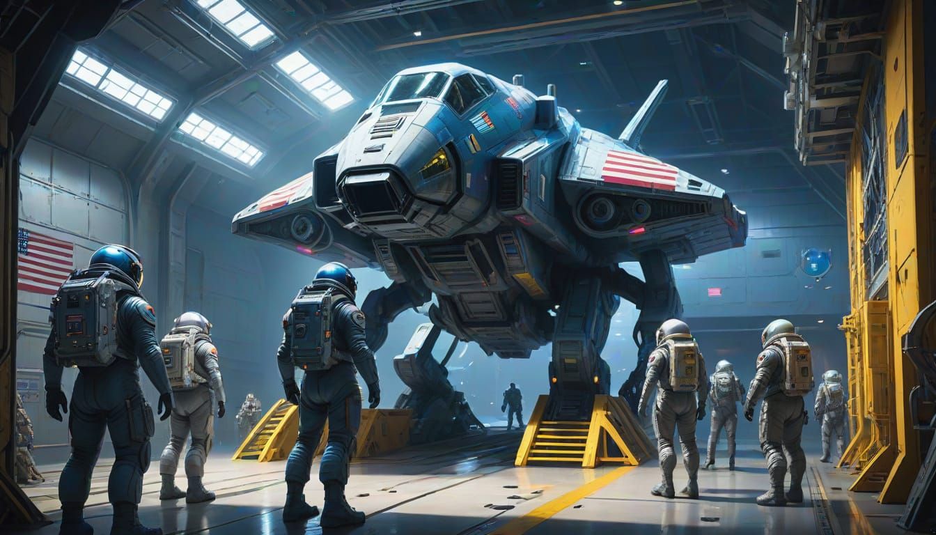 Hyperrealistic Space Force Spaceship in Hangar with Alien En...
