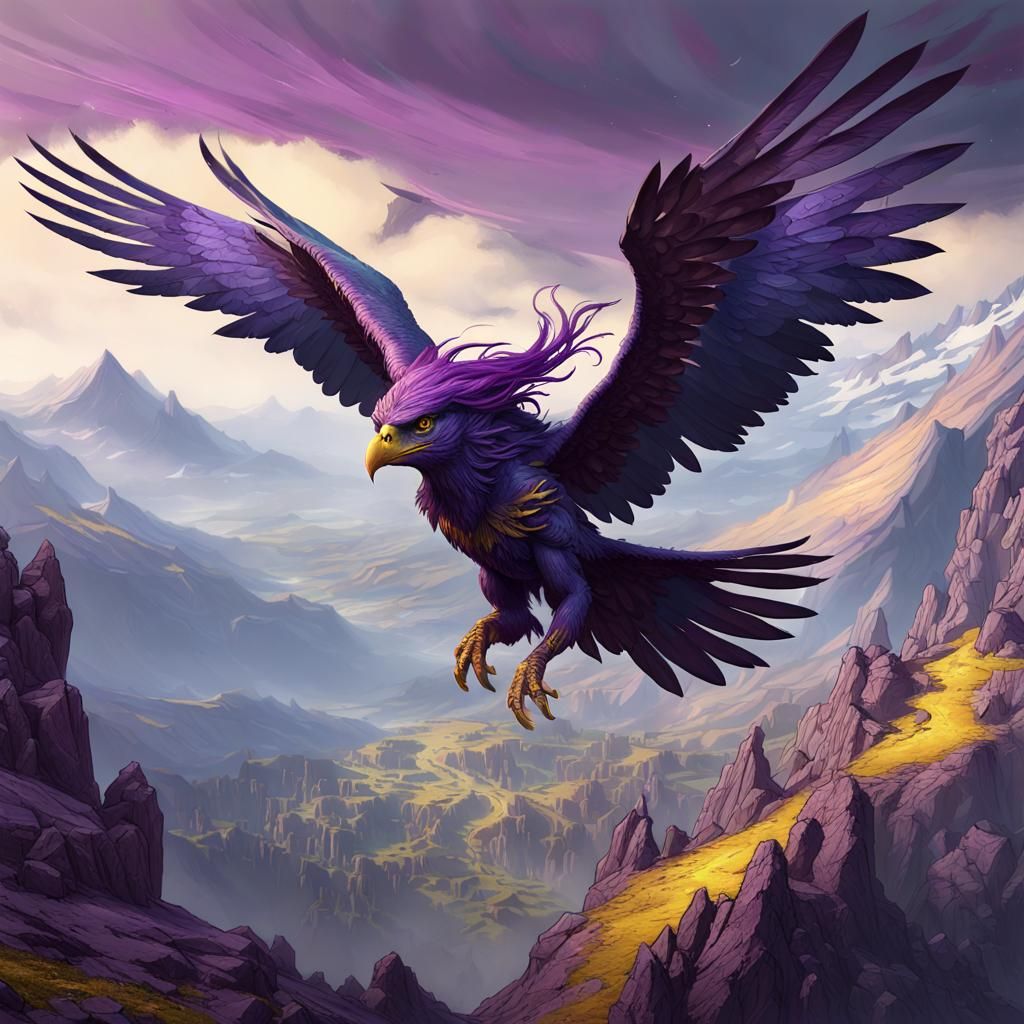 Harpy with Purple Hair in Flight: Dark Fantasy Art