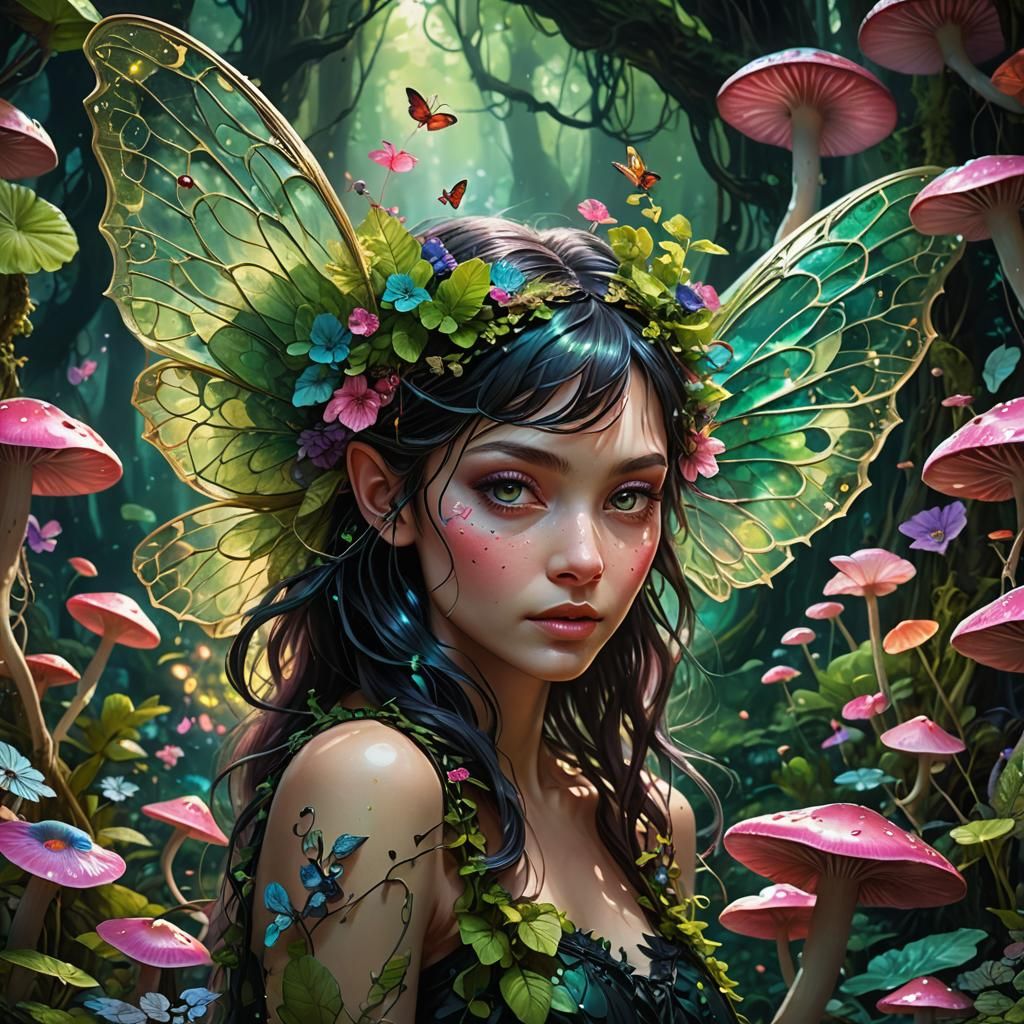 Enchanted Forest Fairy with Psychedelic Wings