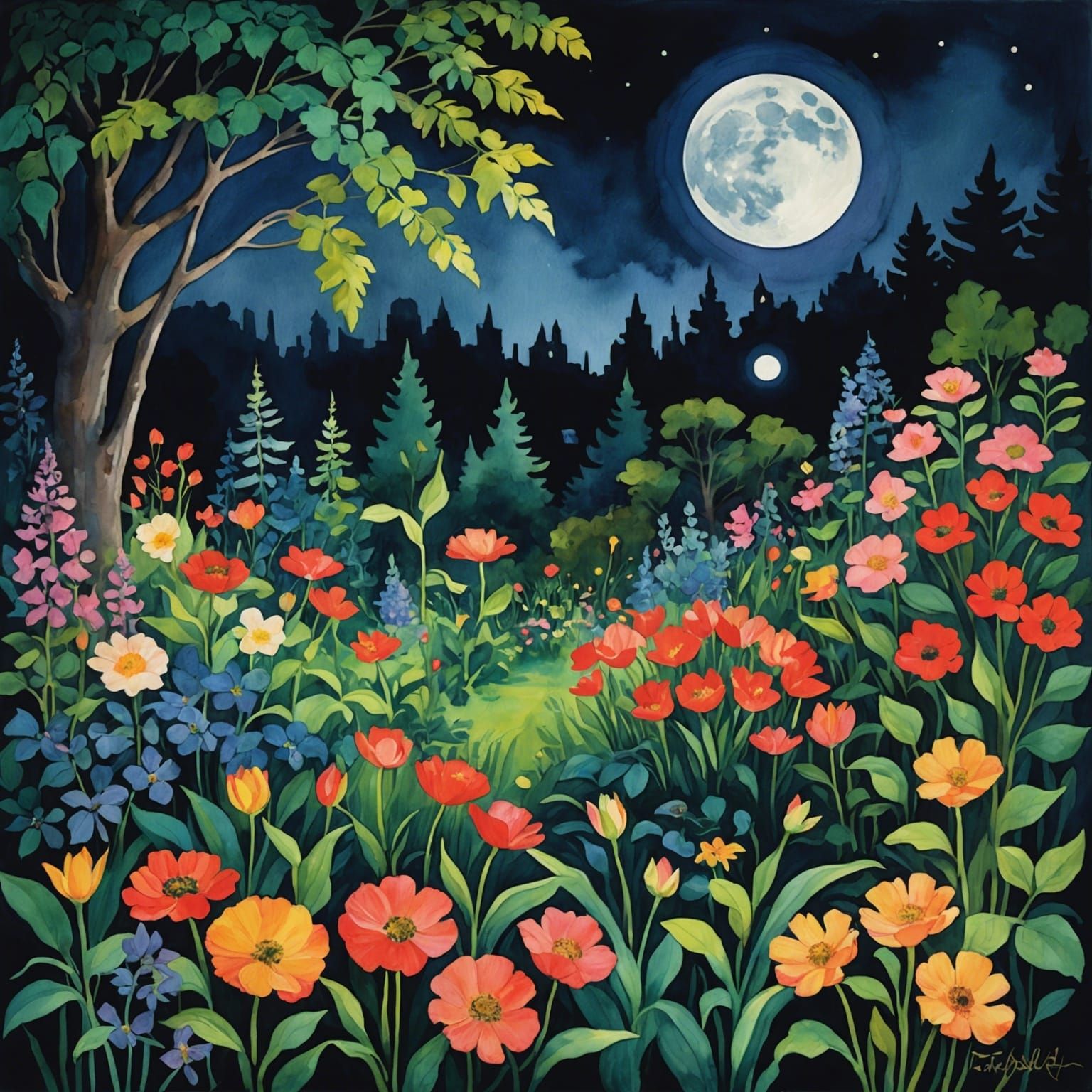 Enchanted Midnight Garden in Gouache Style