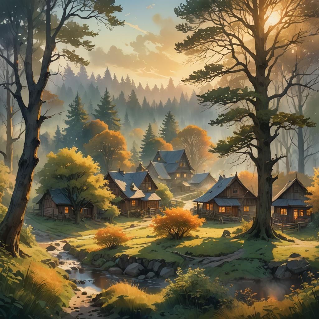 Spring Village Sunrise: Digital Watercolor Illustration