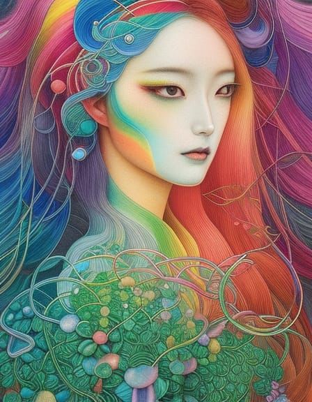 Rainbow-Human Hybrid Woman in Warped Perspective