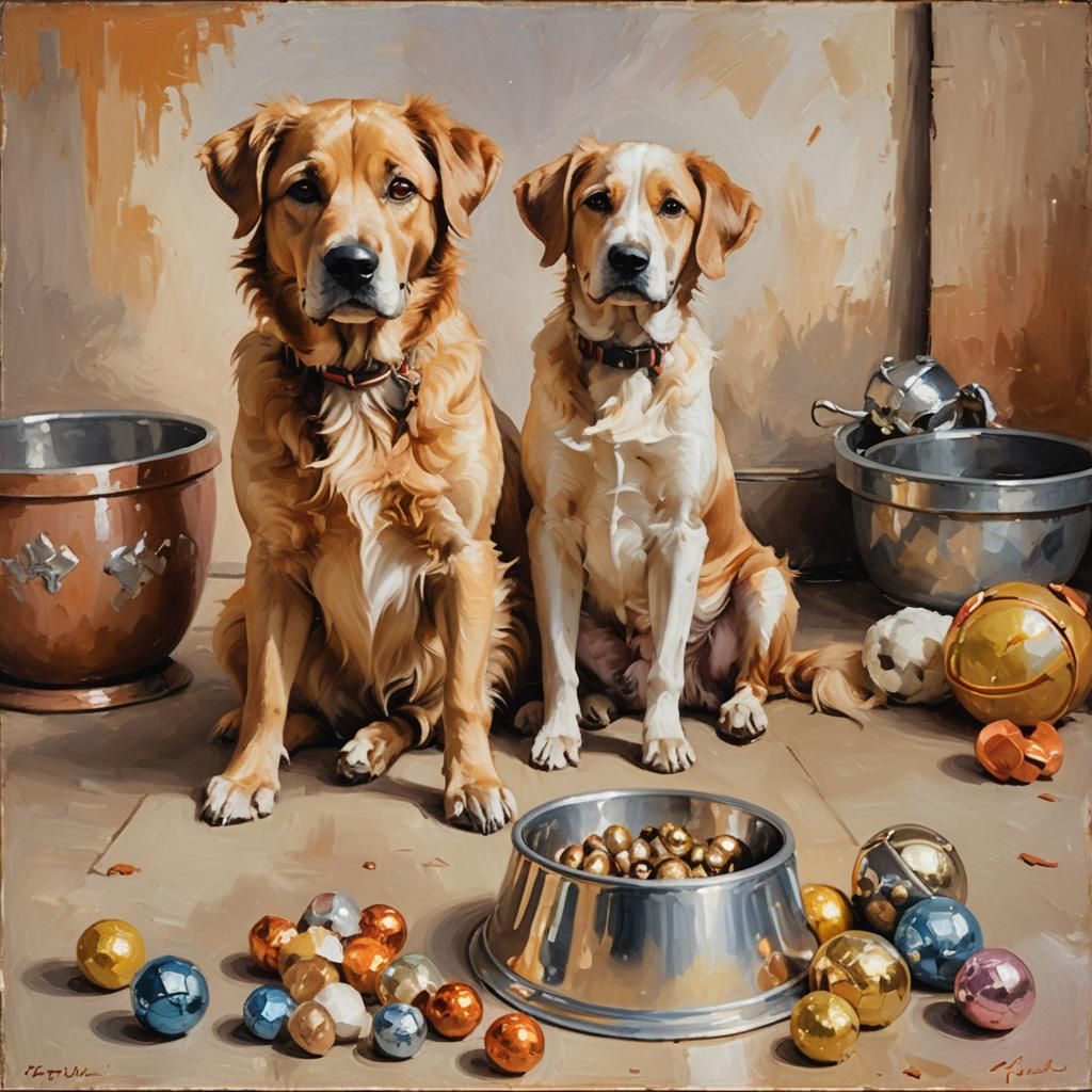Dog with Toys: An Impressionist Style Oil Painting