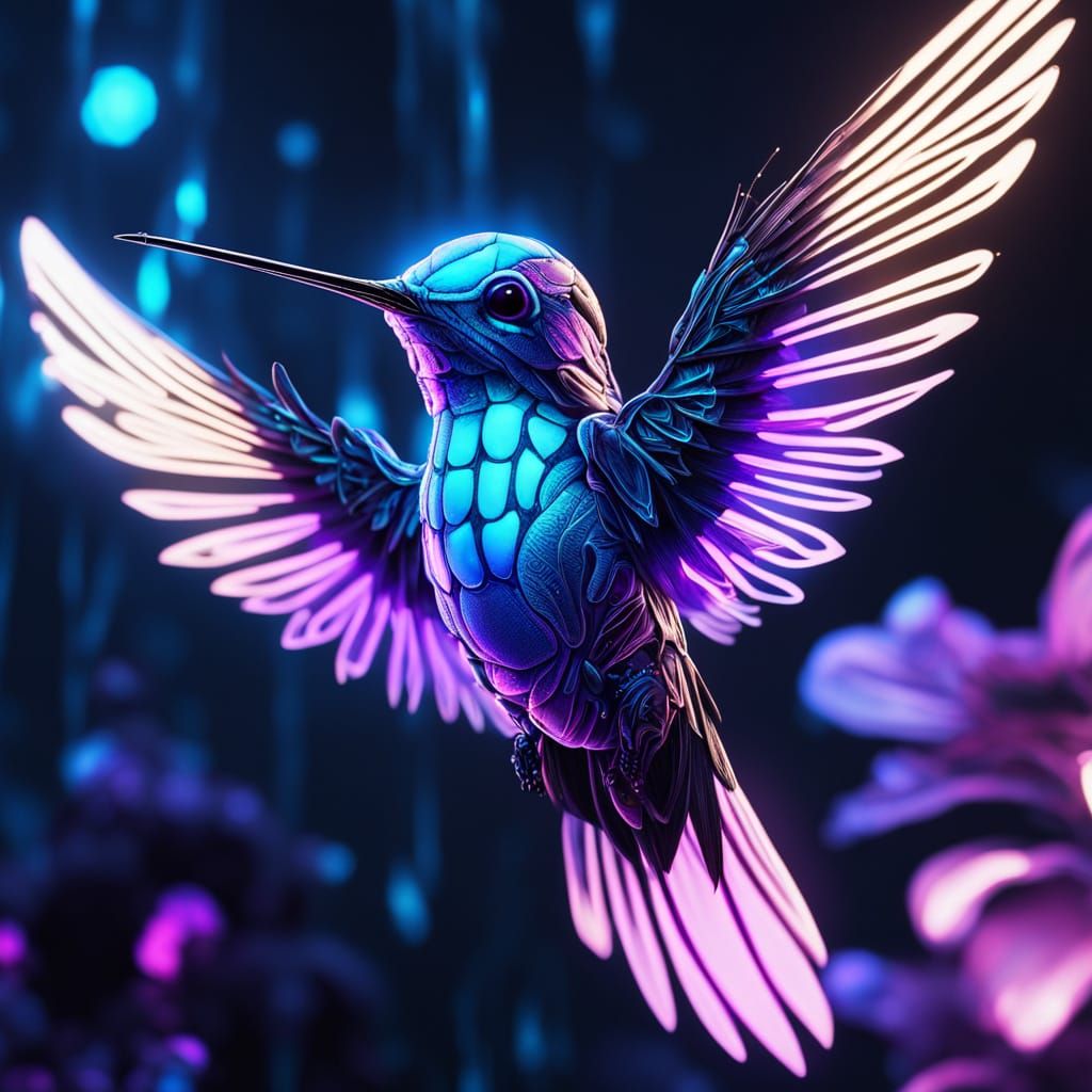 Biomechanical Hummingbird in Neon Noir Cyberpunk Aesthetic