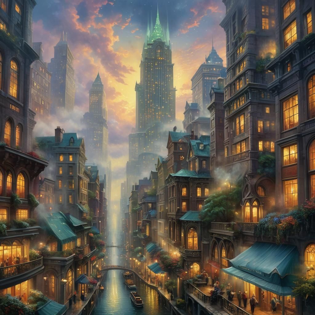 Ethereal Fantasy Skyscraper in Thomas Kinkade Style