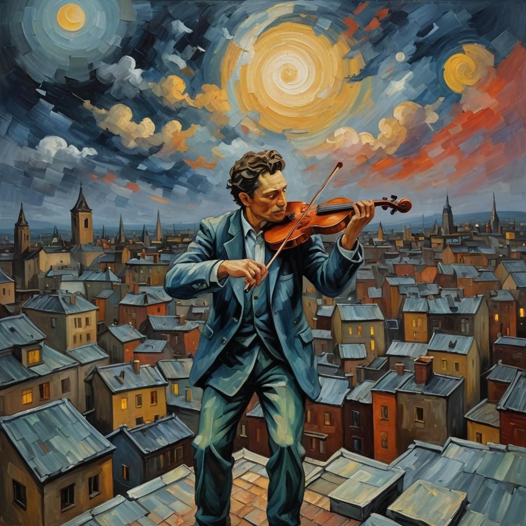 Violinist on Rooftop: Expressionist Impasto Oil Painting