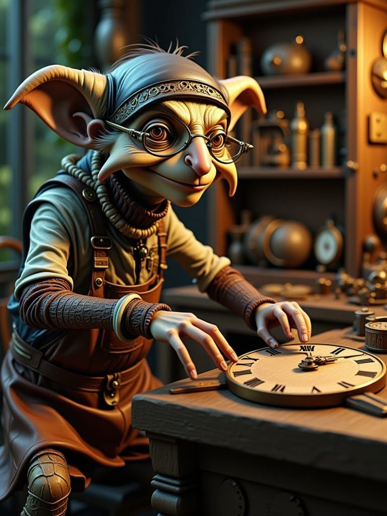 Goblin Puppet Intricately Working on Wooden Clock