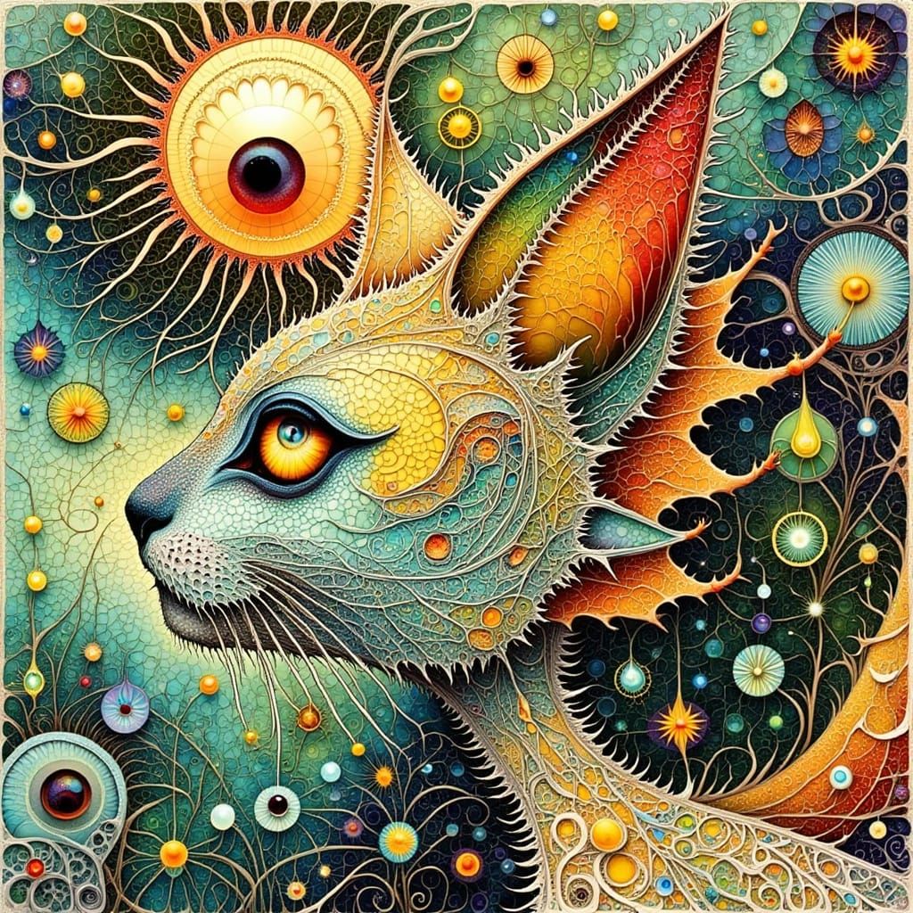 Whimsical Abstract Art with Feline and Geometric Motifs