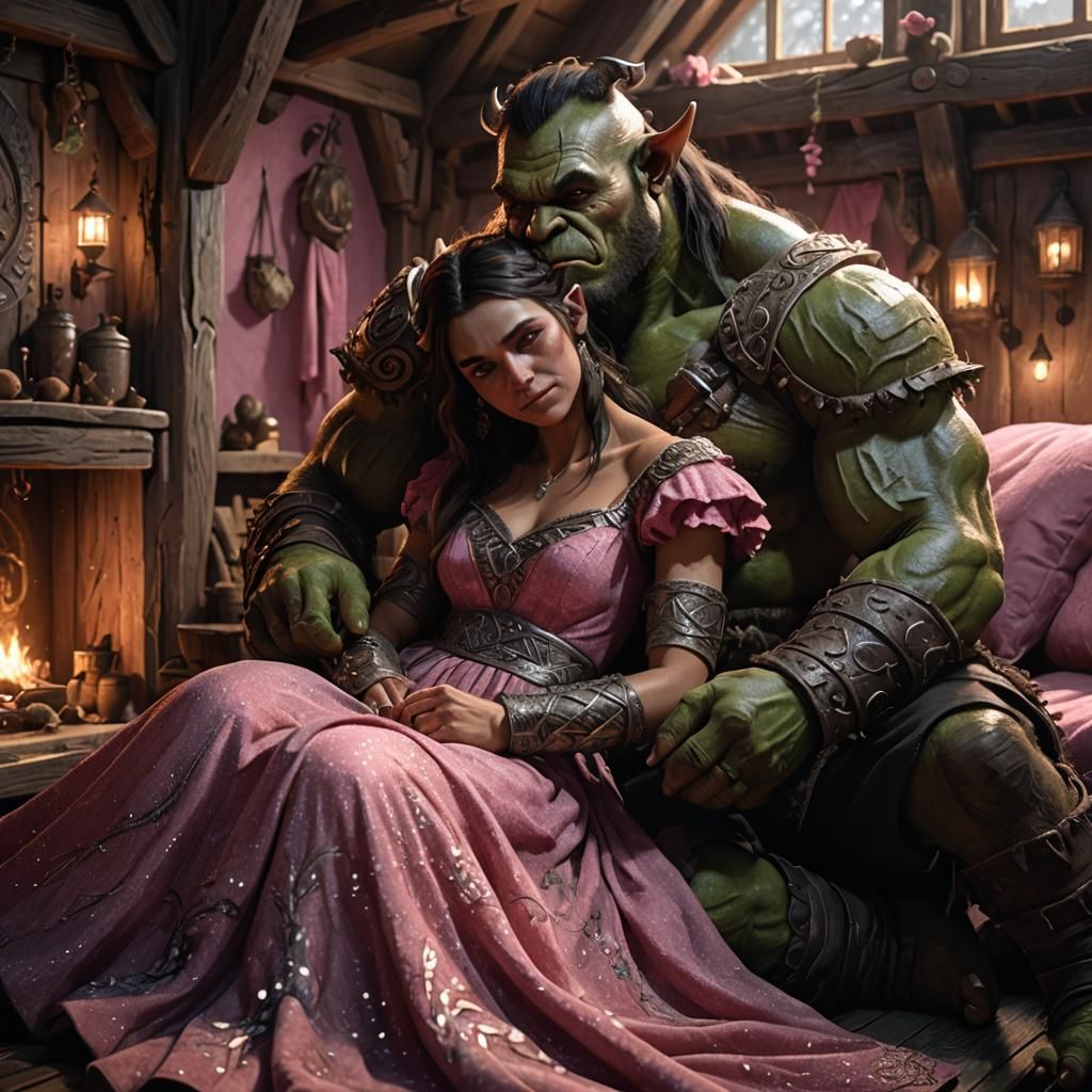 Orc Couple Snuggling in Cottage Interior