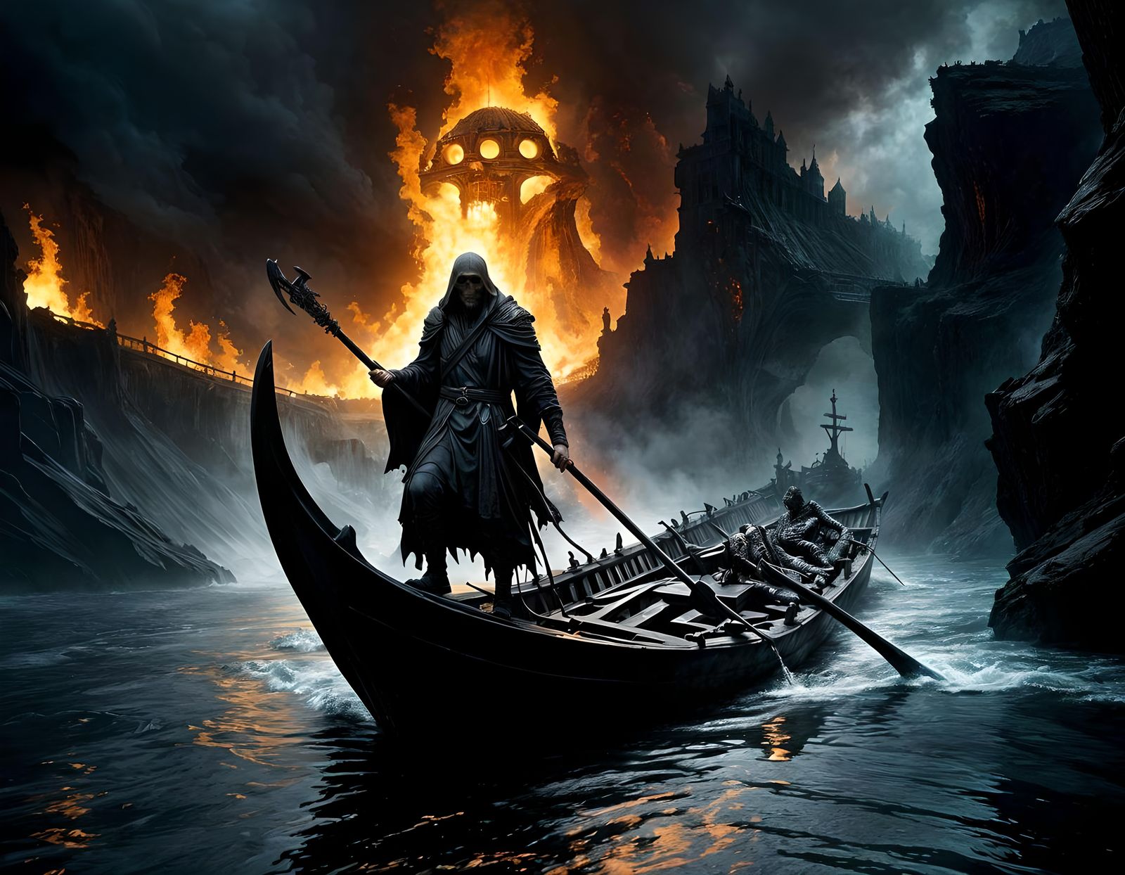 Charon on the River Styx in Dark Sci-Fi Style