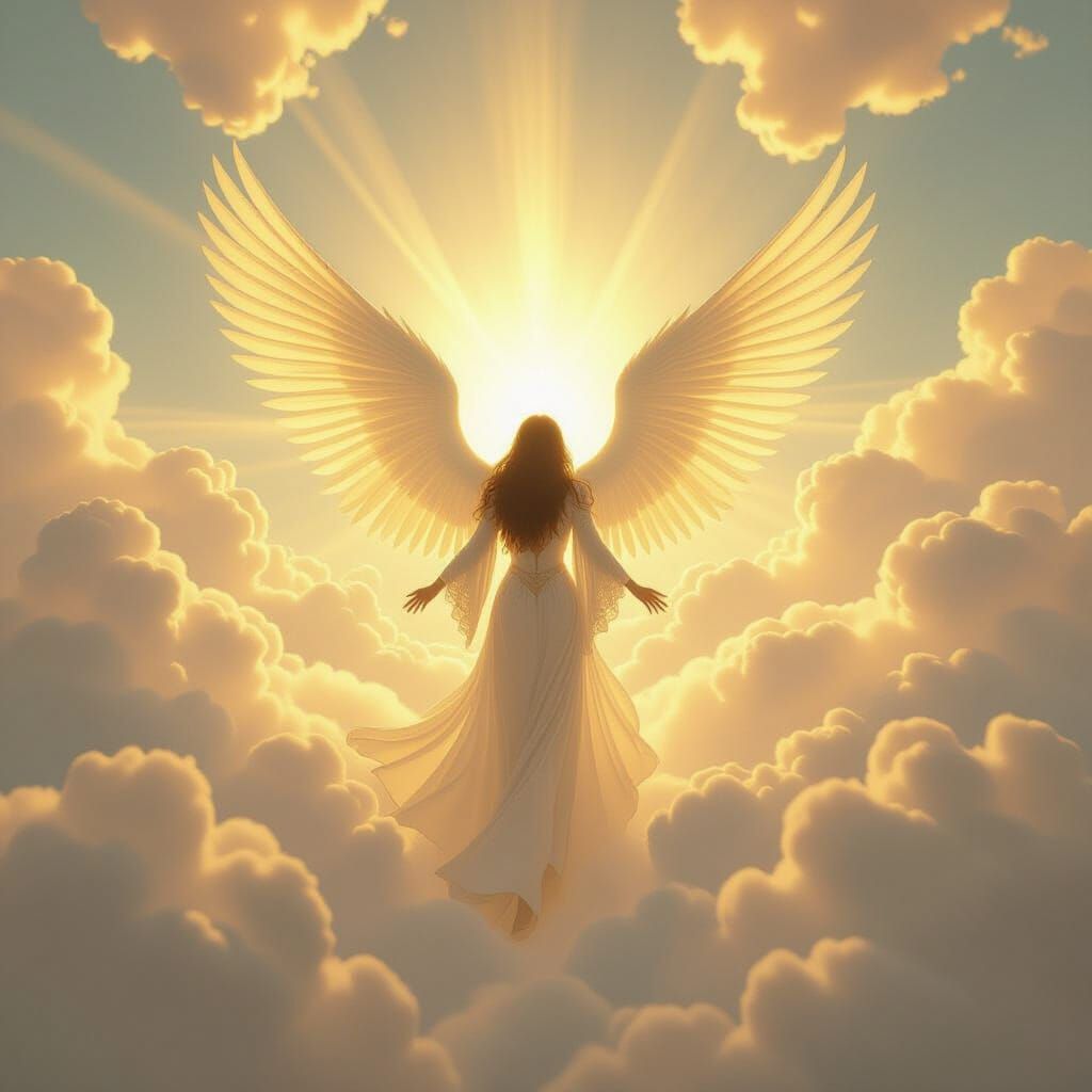 Ethereal Winged Figure Radiating Light in Divine Scene