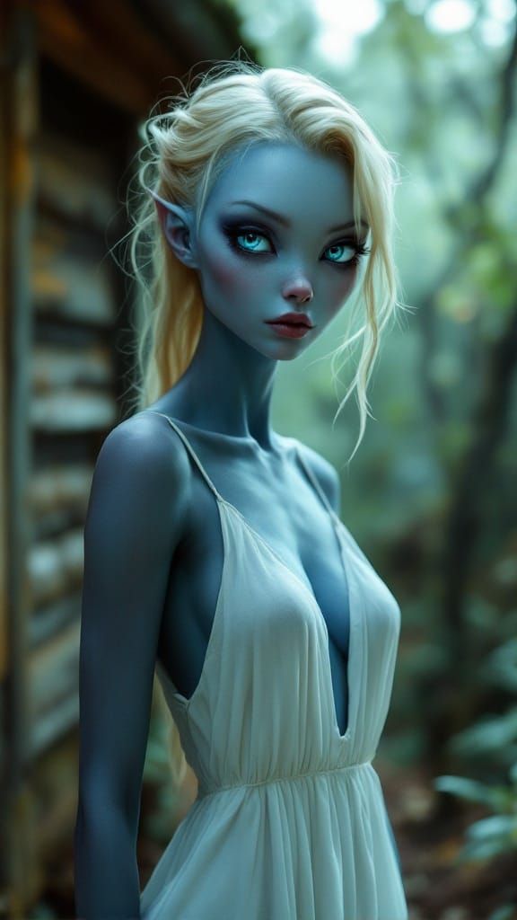 Cute blonde alien woman, very blue skin, bosomy, big blue ey...