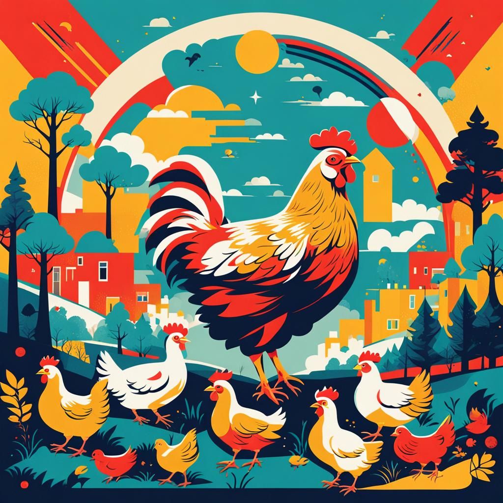 Mother Hen and Chicks in Pop Art Style