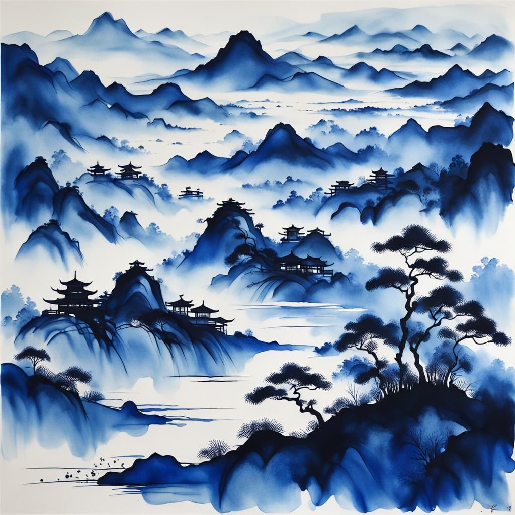 Minimalist Blue Ink Landscape in Chinese Style
