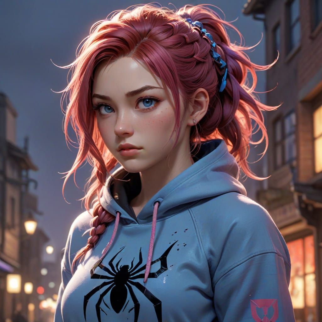 Anime Inspired Teen Girl with Red Braided Hair and Spider Em...