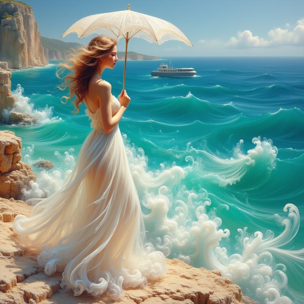 Woman with Parasol on Cliff in Impressionist Style